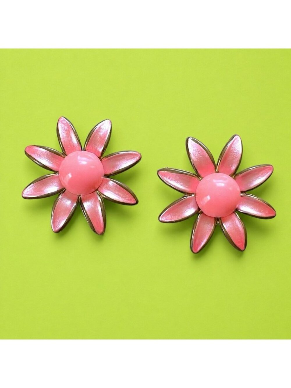 Vintage 60s Floral Earrings Pink Pearlized Plastic Clip On Large 2" Mod Pop Art